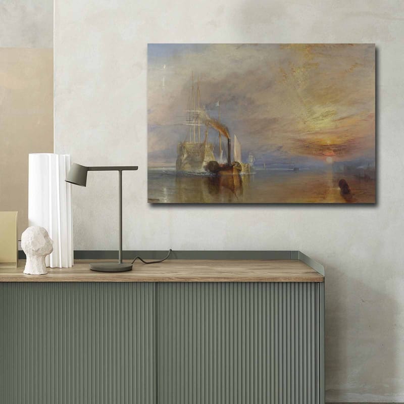 Canvastavla 70x100 cm - Stämningsfull sjöscen med ångbåtar som seglar under en färgsprakande himmel - Blå / Orange / Grå - Inredning - Tavlor & konst - Canvastavlor