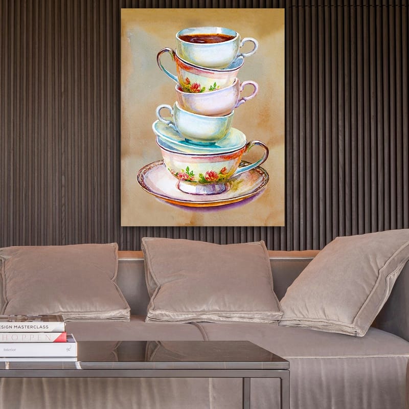 Canvastavla 70x100 cm - Stapel färgglada tekoppar med en skål i botten - Blå / Rosa / Beige - Inredning - Tavlor & konst - Canvastavlor