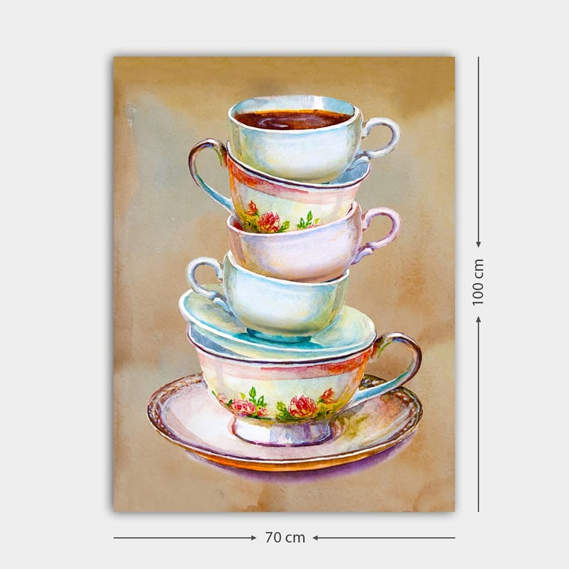 Canvastavla 70x100 cm - Stapel färgglada tekoppar med en skål i botten - Blå / Rosa / Beige - Inredning - Tavlor & konst - Canvastavlor