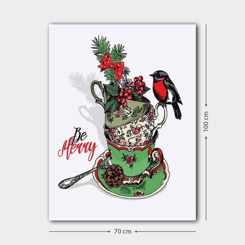 Canvastavla 70x100 cm - Stapel med dekorerade tekoppar prydda med juliga inslag och en fågel - Grön / Röd / Svart - Inredning - Tavlor & konst - Canvastavlor