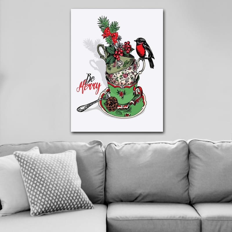 Canvastavla 70x100 cm - Stapel med dekorerade tekoppar prydda med juliga inslag och en fågel - Grön / Röd / Svart - Inredning - Tavlor & konst - Canvastavlor