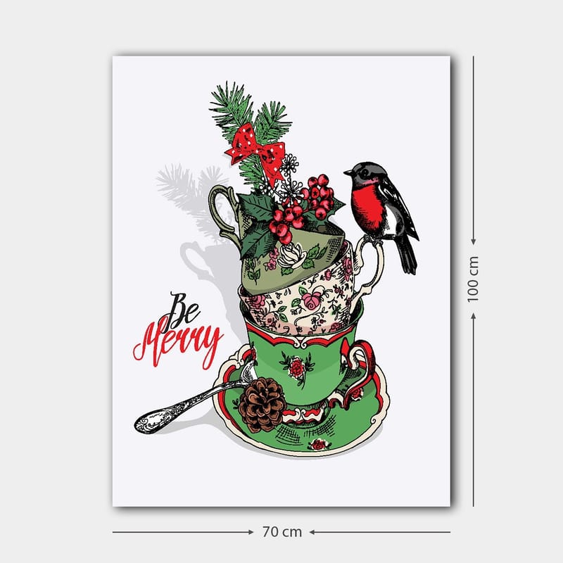 Canvastavla 70x100 cm - Stapel med dekorerade tekoppar prydda med juliga inslag och en fågel - Grön / Röd / Svart - Inredning - Tavlor & konst - Canvastavlor