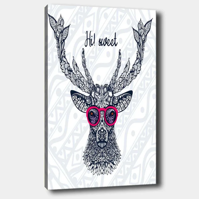 Canvastavla 70x100 cm - Stiliserad älg med glasögon och dekorativa detaljer - Mörkblå / Rosa - Inredning - Tavlor & konst - Canvastavlor