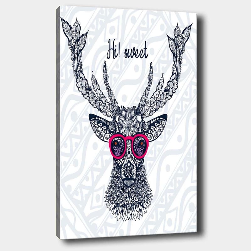 Canvastavla 70x100 cm - Stiliserad älg med glasögon och dekorativa detaljer - Mörkblå / Rosa - Inredning - Tavlor & konst - Canvastavlor