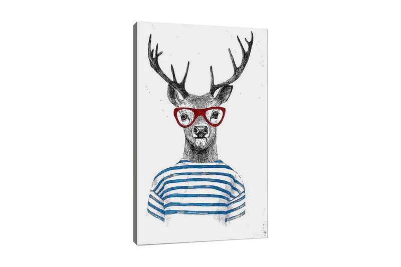 Canvastavla 70x100 cm - Stiliserad älg med glasögon och randig tröja - Svart / Röd / Blå - Inredning - Tavlor & konst - Canvastavlor
