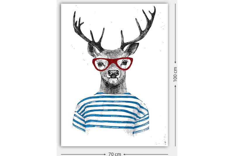 Canvastavla 70x100 cm - Stiliserad älg med glasögon och randig tröja - Svart / Röd / Blå - Inredning - Tavlor & konst - Canvastavlor