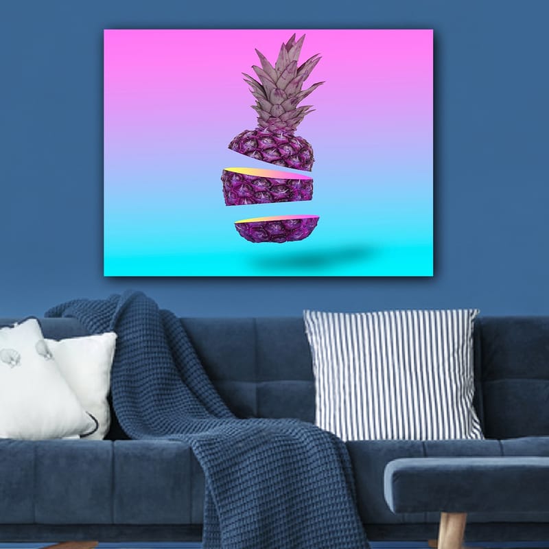 Canvastavla 70x100 cm - Stiliserad ananas som är skuren i tre delar med en färgglad bakgrund - Lila / Gul / Turkos - Inredning - Tavlor & konst - Canvastavlor