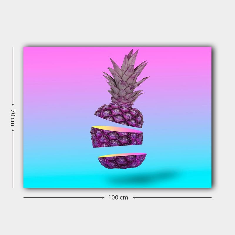 Canvastavla 70x100 cm - Stiliserad ananas som är skuren i tre delar med en färgglad bakgrund - Lila / Gul / Turkos - Inredning - Tavlor & konst - Canvastavlor