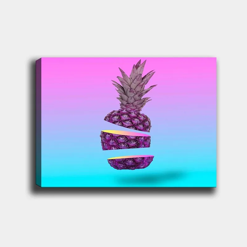 Canvastavla 70x100 cm - Stiliserad ananas som är skuren i tre delar med en färgglad bakgrund, Lila / Gul / Turkos