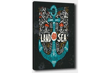 Canvastavla 70x100 cm - Stiliserad ankare med inslag av piratmotiv och text som framhäver temat Land & Hav - Turkos / Vit / Svart - Inredning - Tavlor & konst - Canvastavlor