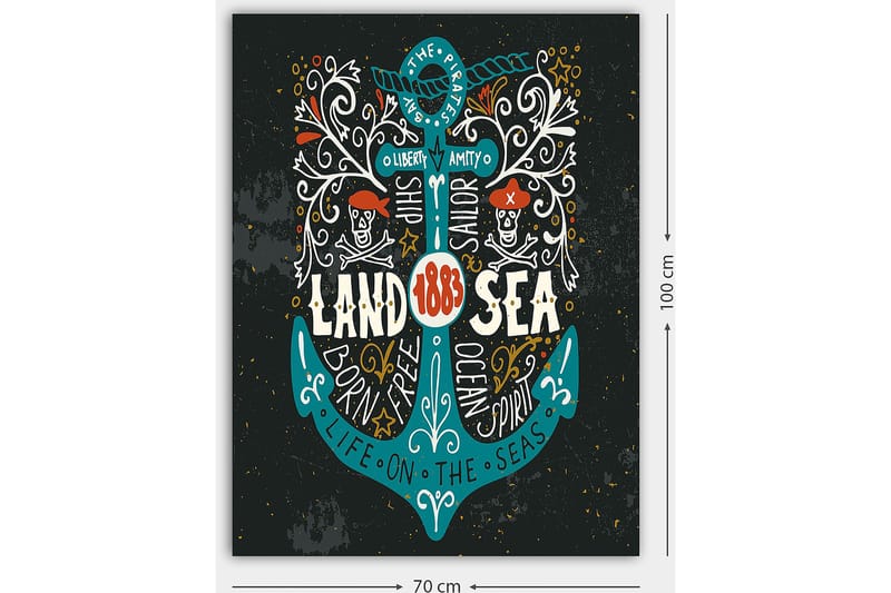 Canvastavla 70x100 cm - Stiliserad ankare med inslag av piratmotiv och text som framhäver temat Land & Hav - Turkos / Vit / Svart - Inredning - Tavlor & konst - Canvastavlor