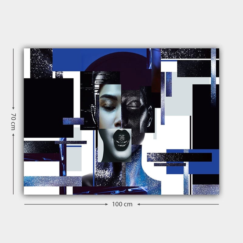 Canvastavla 70x100 cm - Stiliserad ansiktsbild med geometriska former och kontrasterande färger som skapar en modern och futuristisk känsla - Mörkblå / Svart / Vit - Inredning - Tavlor & konst - Canvastavlor