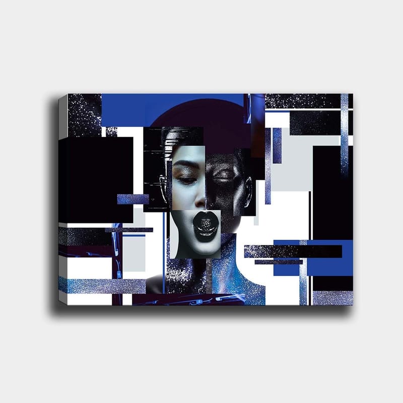 Canvastavla 70x100 cm - Stiliserad ansiktsbild med geometriska former och kontrasterande färger som skapar en modern och futuristisk känsla, Mörkblå / Svart / Vit