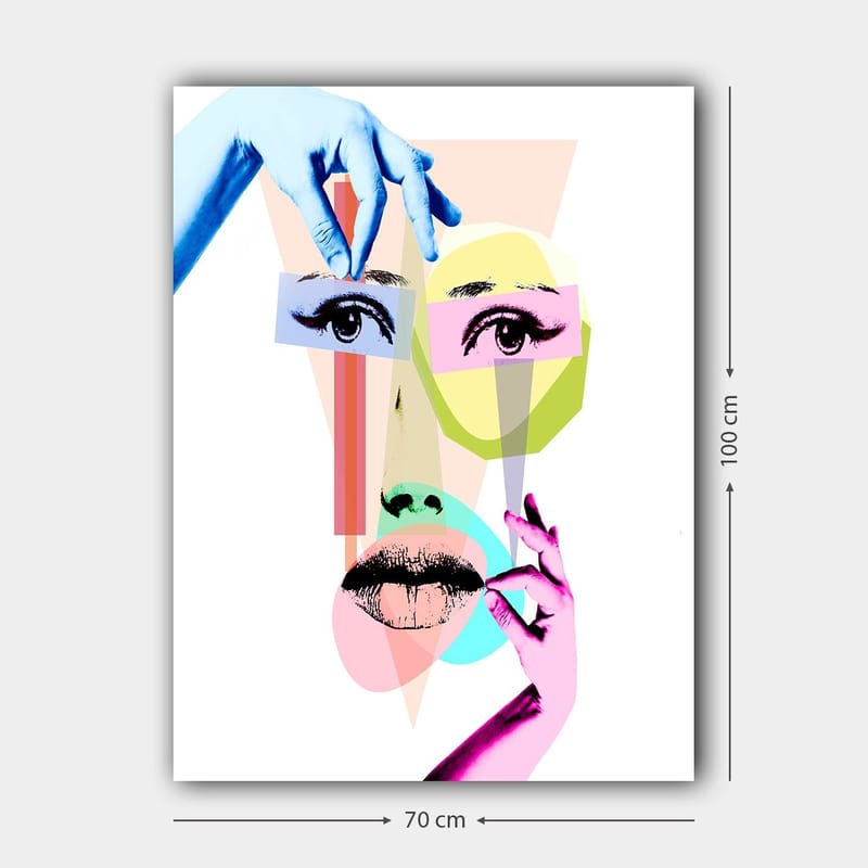 Canvastavla 70x100 cm - Stiliserad ansiktskomposition med geometriska former och händer som interagerar med ansiktet - Blå / Rosa / Grön - Inredning - Tavlor & konst - Canvastavlor