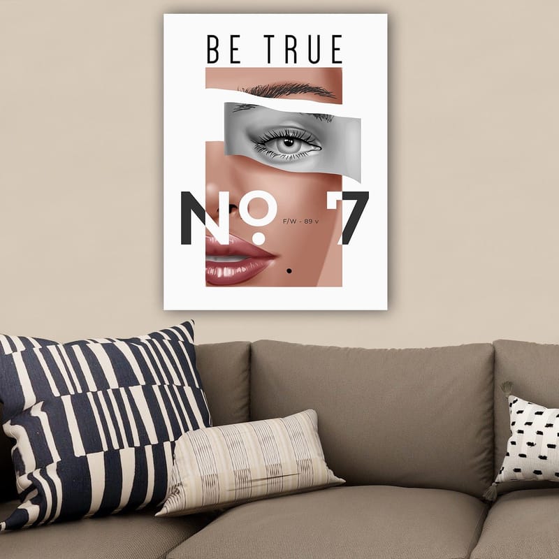 Canvastavla 70x100 cm - Stiliserad ansiktsporträtt med fokus på ögon och läppar - Beige / Grå / Svart - Inredning - Tavlor & konst - Canvastavlor