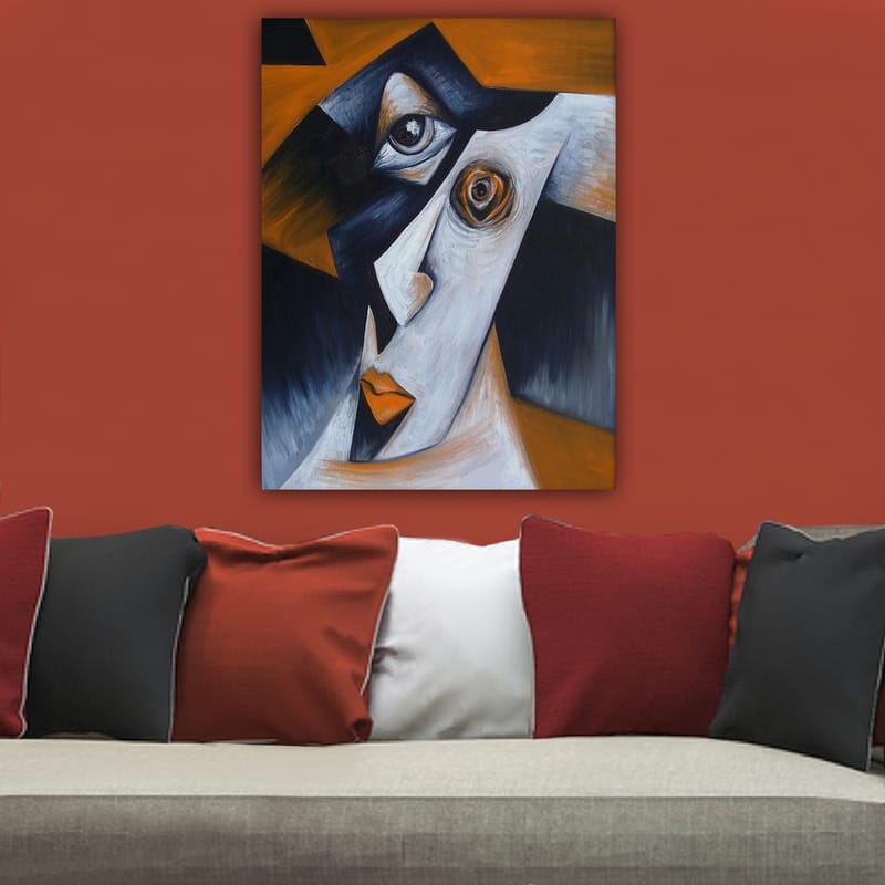 Canvastavla 70x100 cm - Stiliserad ansiktsporträtt med kontrasterande former och uttryck - Svart / Vit / Orange - Inredning - Tavlor & konst - Canvastavlor