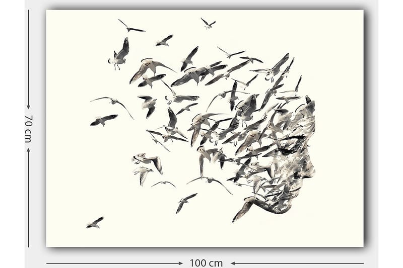Canvastavla 70x100 cm - Stiliserad ansiktsprofil som smälter samman med flygande fåglar - Grå / Svart / Beige - Inredning - Tavlor & konst - Canvastavlor