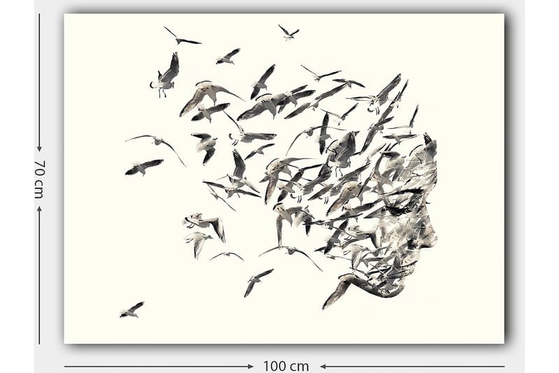 Canvastavla 70x100 cm - Stiliserad ansiktsprofil som smälter samman med flygande fåglar - Grå / Svart / Beige - Inredning - Tavlor & konst - Canvastavlor