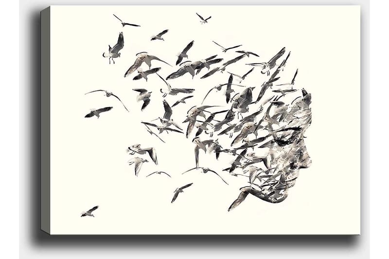 Canvastavla 70x100 cm - Stiliserad ansiktsprofil som smälter samman med flygande fåglar - Grå / Svart / Beige - Inredning - Tavlor & konst - Canvastavlor