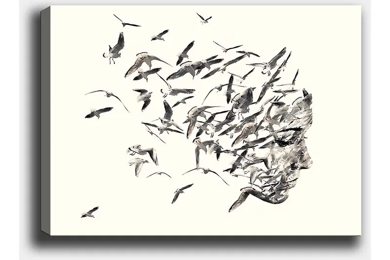 Canvastavla 70x100 cm - Stiliserad ansiktsprofil som smälter samman med flygande fåglar - Grå / Svart / Beige - Inredning - Tavlor & konst - Canvastavlor