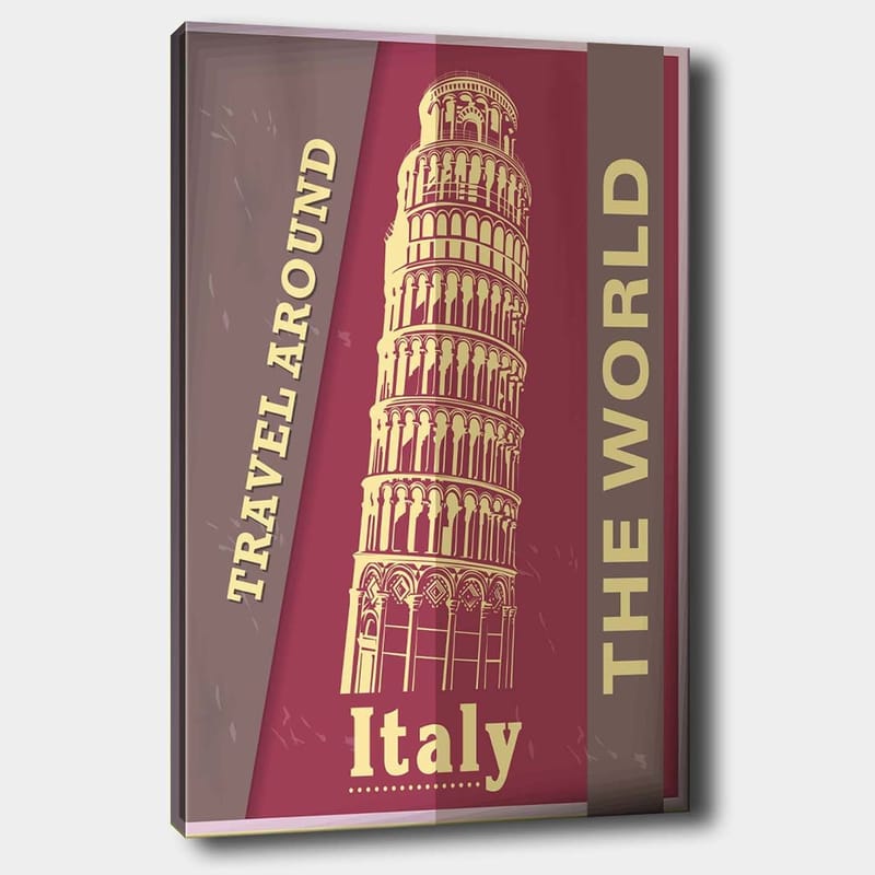 Canvastavla 70x100 cm - Stiliserad avbildning av det lutande tornet i Pisa, omgiven av text som uppmanar till resande, Mörkröd / Beige