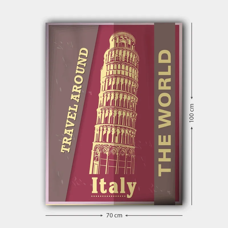 Canvastavla 70x100 cm - Stiliserad avbildning av det lutande tornet i Pisa, omgiven av text som uppmanar till resande - Mörkröd / Beige - Inredning - Tavlor & konst - Canvastavlor