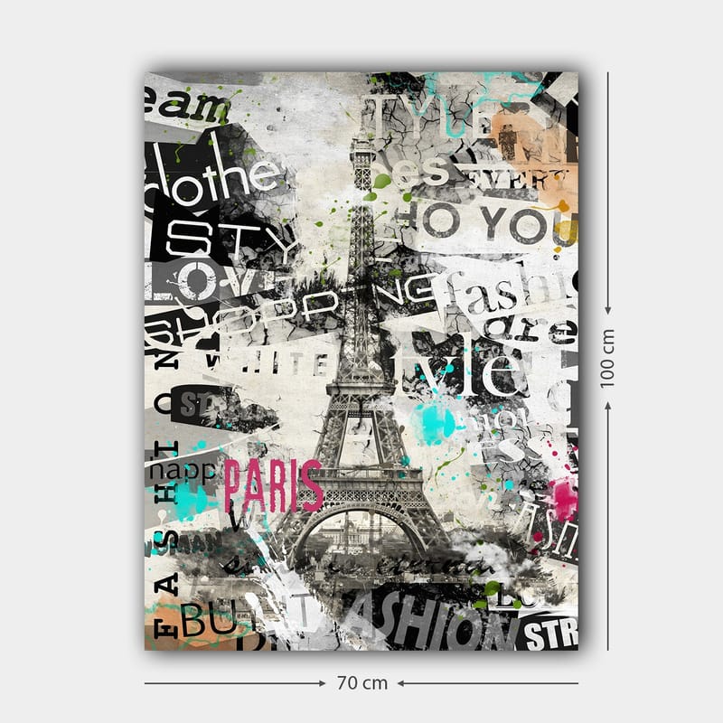 Canvastavla 70x100 cm - Stiliserad bild av Eiffeltornet omgiven av modeord och färgglada detaljer - Svart / Rosa / Turkos - Inredning - Tavlor & konst - Canvastavlor