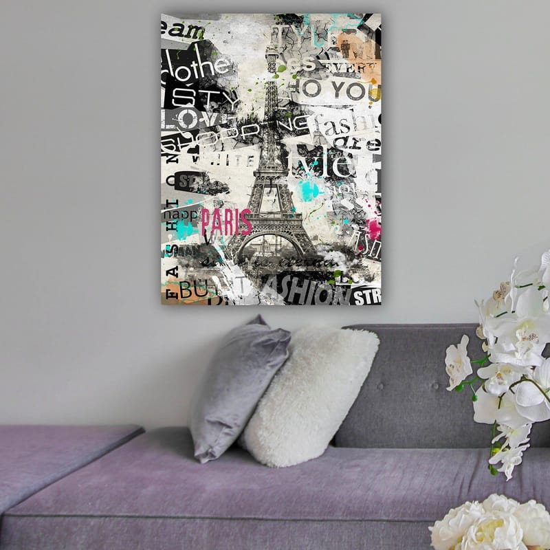 Canvastavla 70x100 cm - Stiliserad bild av Eiffeltornet omgiven av modeord och färgglada detaljer, Svart / Rosa / Turkos