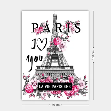 Canvastavla 70x100 cm - Stiliserad bild av Eiffeltornet omgiven av rosa blommor och texten PARIS I Love you - Rosa / Svart / Grå - Inredning - Tavlor & konst - Canvastavlor