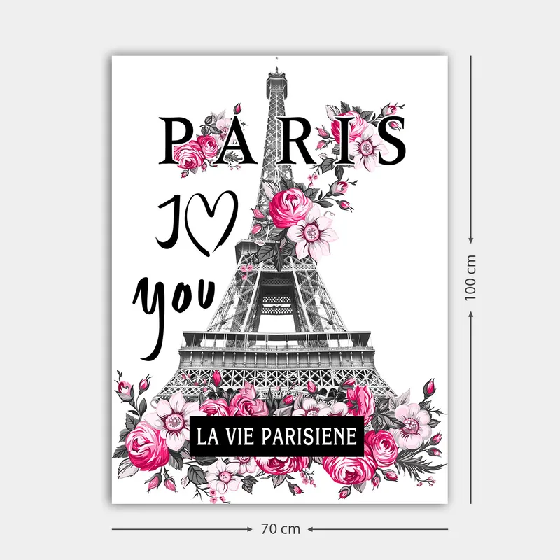 Canvastavla 70x100 cm - Stiliserad bild av Eiffeltornet omgiven av rosa blommor och texten PARIS I Love you - Rosa / Svart / Grå - Inredning - Tavlor & konst - Canvastavlor