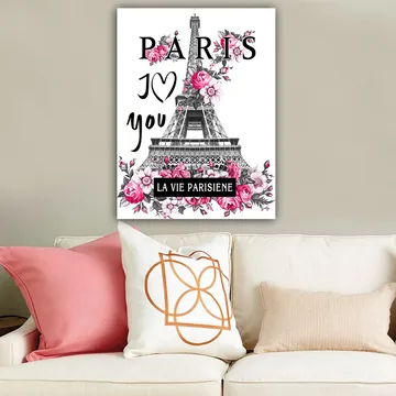 Canvastavla 70x100 cm - Stiliserad bild av Eiffeltornet omgiven av rosa blommor och texten PARIS I Love you - Rosa / Svart / Grå - Inredning - Tavlor & konst - Canvastavlor
