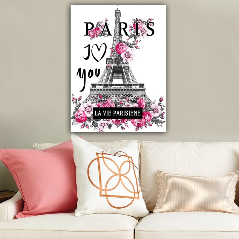 Canvastavla 70x100 cm - Stiliserad bild av Eiffeltornet omgiven av rosa blommor och texten PARIS I Love you - Rosa / Svart / Grå - Inredning - Tavlor & konst - Canvastavlor