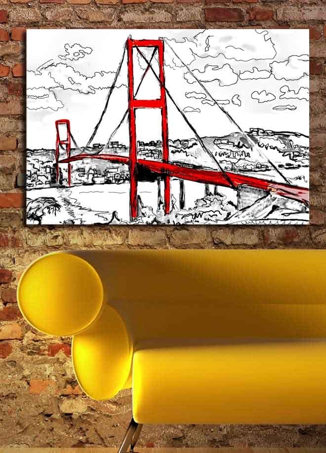 Canvastavla 70x100 cm - Stiliserad bild av en röd hängbro med omgivande landskap i svart och vitt - Röd / Svart - Inredning - Tavlor & konst - Canvastavlor