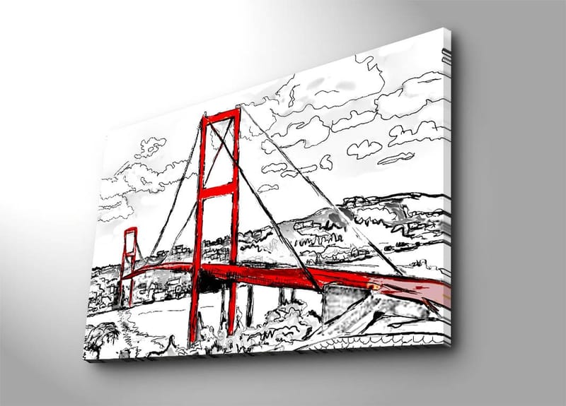 Canvastavla 70x100 cm - Stiliserad bild av en röd hängbro med omgivande landskap i svart och vitt, Röd / Svart