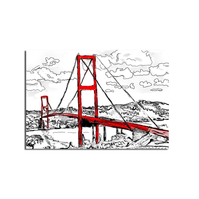 Canvastavla 70x100 cm - Stiliserad bild av en röd hängbro med omgivande landskap i svart och vitt - Röd / Svart - Inredning - Tavlor & konst - Canvastavlor