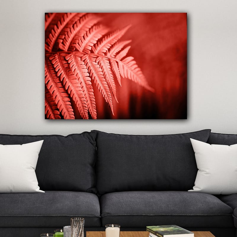 Canvastavla 70x100 cm - Stiliserad bild av ett rödaktigt ormbunke som framhäver dess detaljer - Röd / Svart - Inredning - Tavlor & konst - Canvastavlor