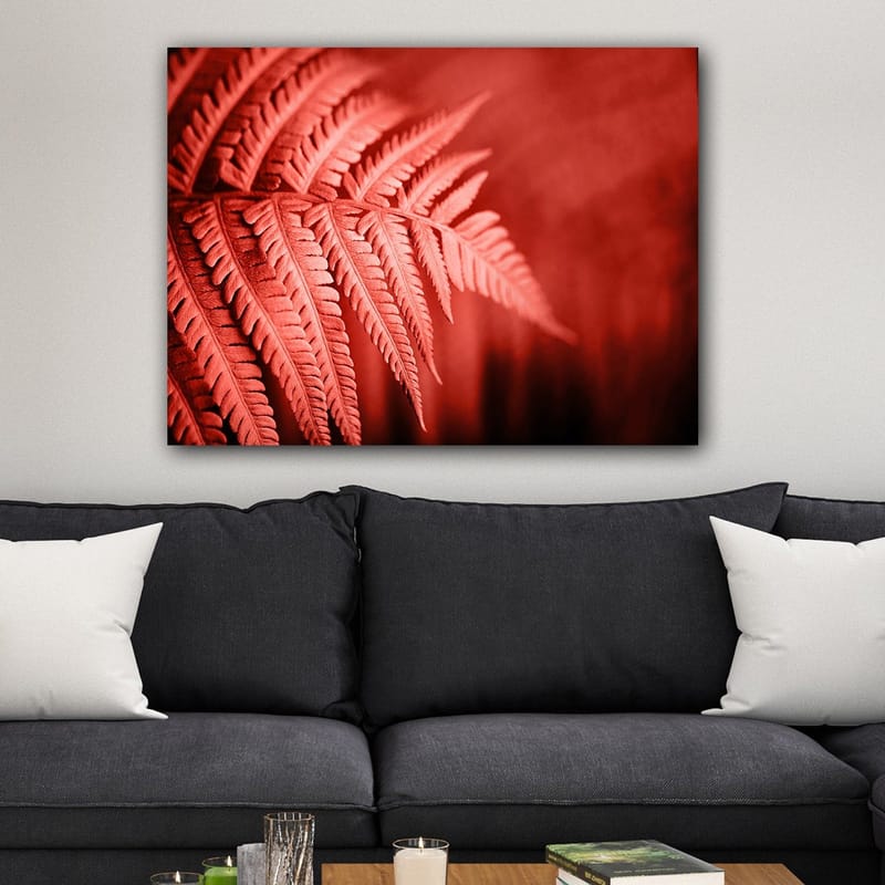 Canvastavla 70x100 cm - Stiliserad bild av ett rödaktigt ormbunke som framhäver dess detaljer - Röd / Svart - Inredning - Tavlor & konst - Canvastavlor