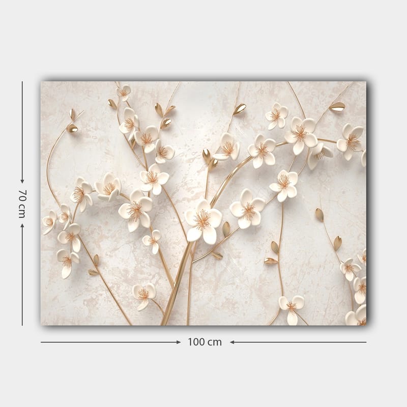 Canvastavla 70x100 cm - Stiliserad blomsterdesign med vita blommor och gyllene detaljer - Vit / Guld - Inredning - Tavlor & konst - Canvastavlor