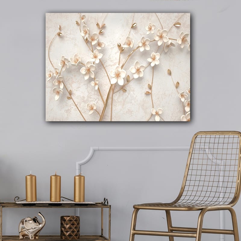 Canvastavla 70x100 cm - Stiliserad blomsterdesign med vita blommor och gyllene detaljer - Vit / Guld - Inredning - Tavlor & konst - Canvastavlor