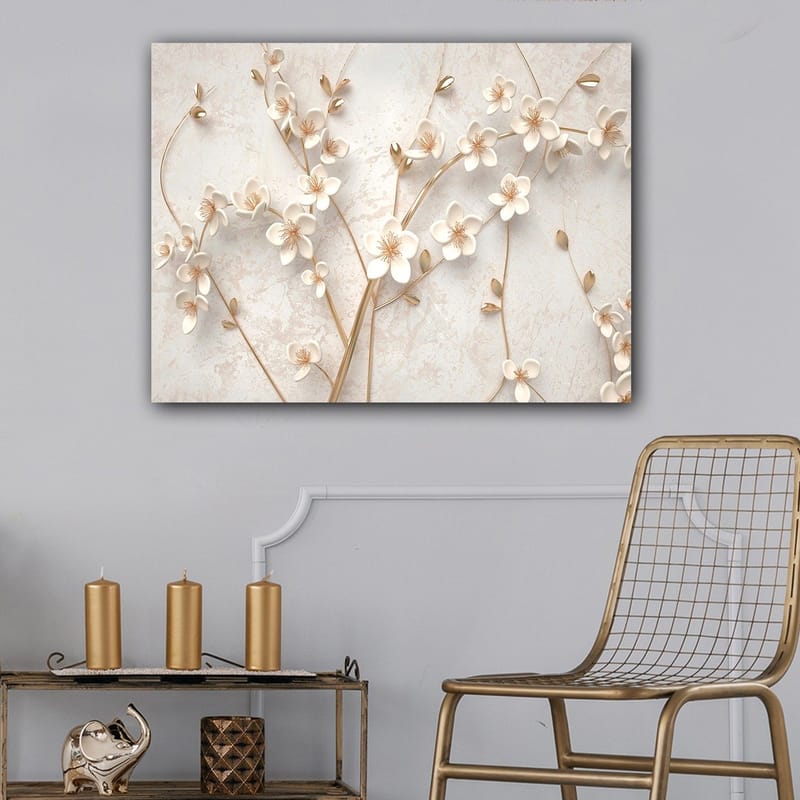 Canvastavla 70x100 cm - Stiliserad blomsterdesign med vita blommor och gyllene detaljer - Vit / Guld - Inredning - Tavlor & konst - Canvastavlor
