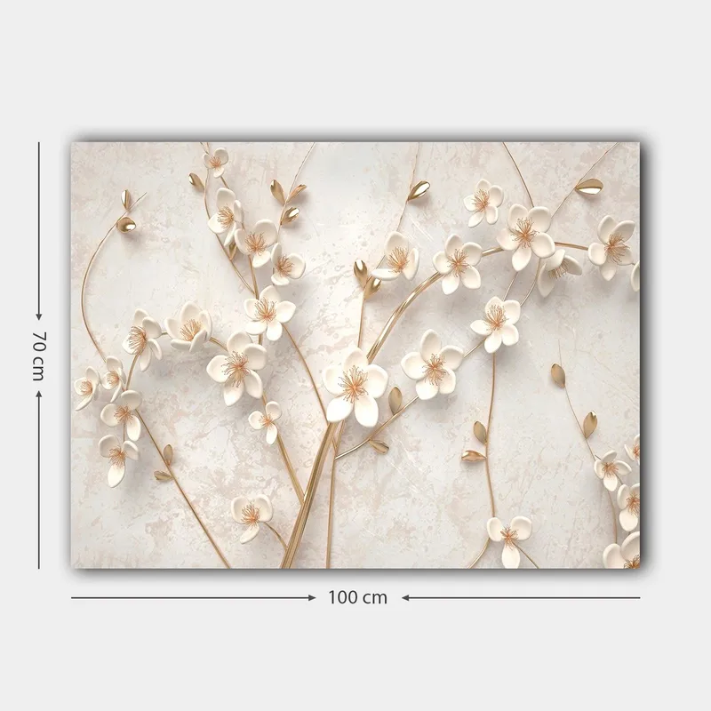 Canvastavla 70x100 cm - Stiliserad blomsterdesign med vita blommor och gyllene detaljer - Vit / Guld - Inredning - Tavlor & konst - Canvastavlor