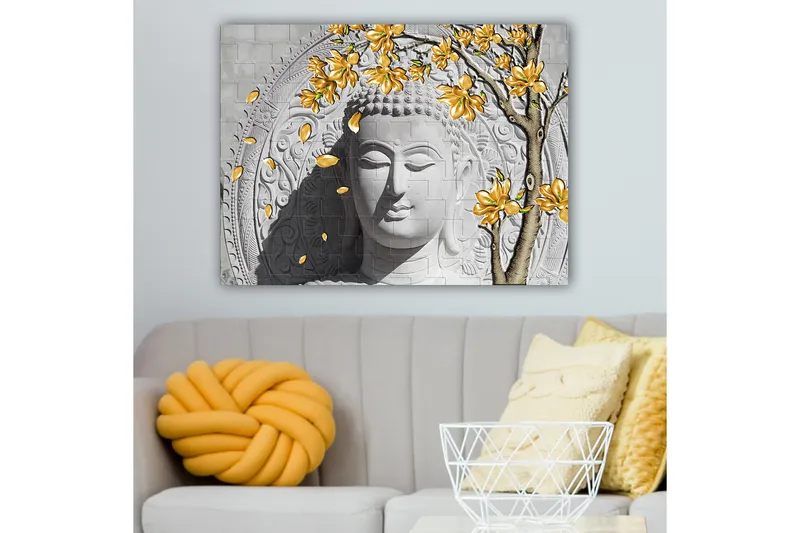 Canvastavla 70x100 cm - Stiliserad buddha med blommande grenar i gult - Grå / Vit / Gul - Inredning - Tavlor & konst - Canvastavlor