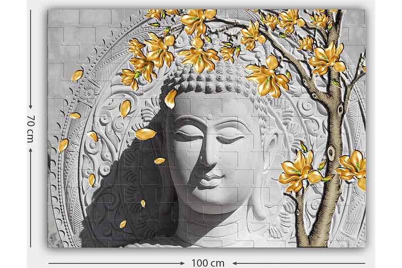 Canvastavla 70x100 cm - Stiliserad buddha med blommande grenar i gult - Grå / Vit / Gul - Inredning - Tavlor & konst - Canvastavlor