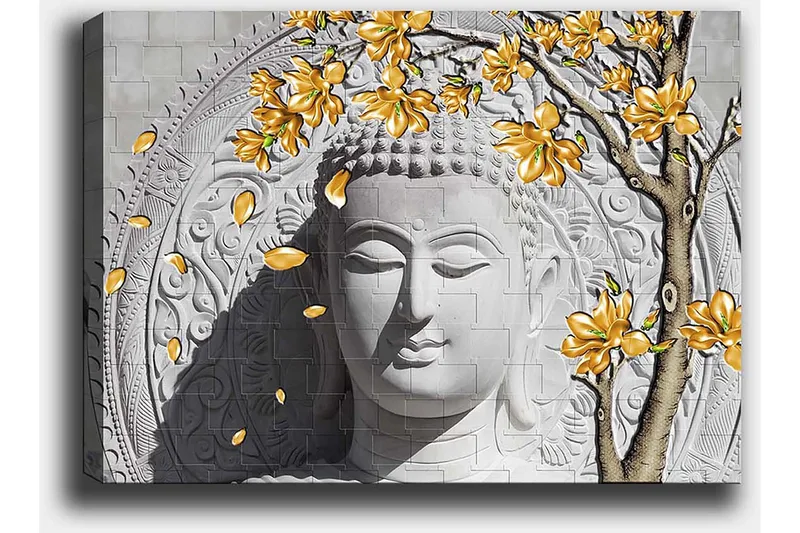 Canvastavla 70x100 cm - Stiliserad buddha med blommande grenar i gult - Grå / Vit / Gul - Inredning - Tavlor & konst - Canvastavlor
