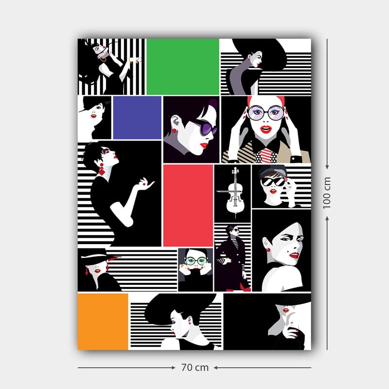 Canvastavla 70x100 cm - Stiliserad collage av modeikoner med starka uttryck och olika accessoarer - Svart / Röd / Grön - Inredning - Tavlor & konst - Canvastavlor