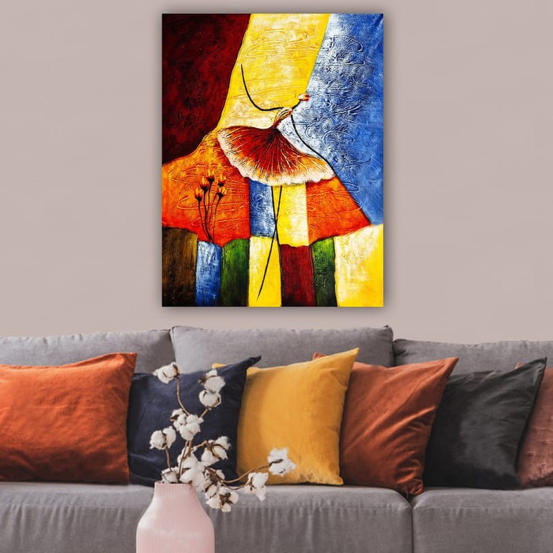 Canvastavla 70x100 cm - Stiliserad dansande kvinna med en röd kjol mot en färgglad bakgrund - Röd / Gul / Blå - Inredning - Tavlor & konst - Canvastavlor