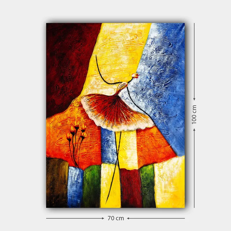Canvastavla 70x100 cm - Stiliserad dansande kvinna med en röd kjol mot en färgglad bakgrund - Röd / Gul / Blå - Inredning - Tavlor & konst - Canvastavlor