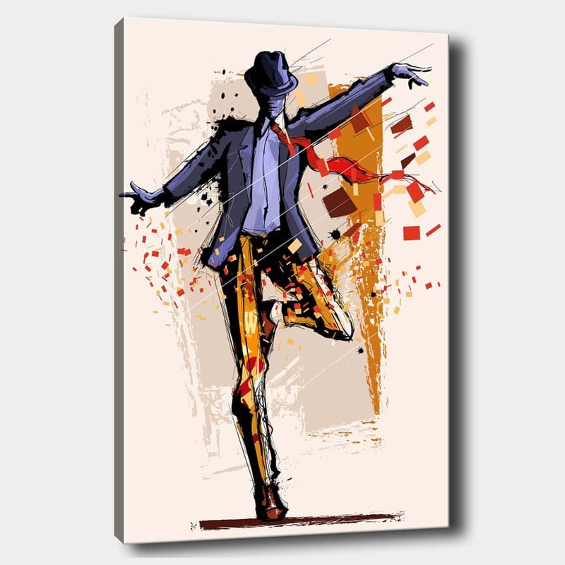 Canvastavla 70x100 cm - Stiliserad dansare i kostym med en hatt som uttrycker rörelse och energi - Mörkblå / Orange / Röd - Inredning - Tavlor & konst - Canvastavlor
