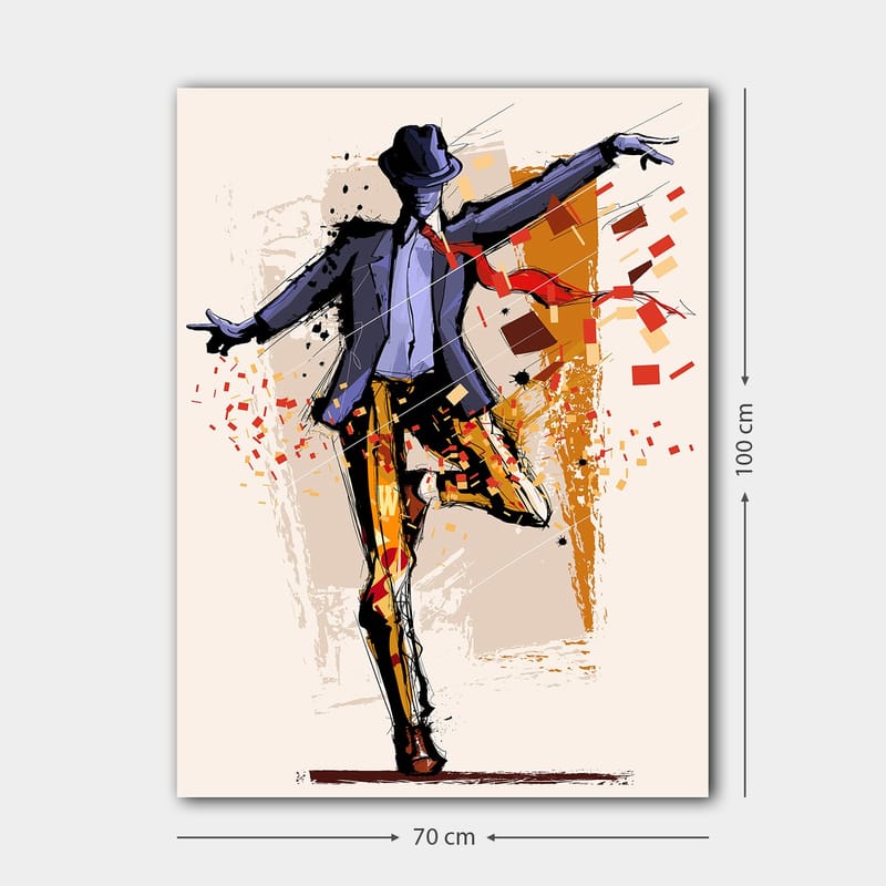Canvastavla 70x100 cm - Stiliserad dansare i kostym med en hatt som uttrycker rörelse och energi - Mörkblå / Orange / Röd - Inredning - Tavlor & konst - Canvastavlor