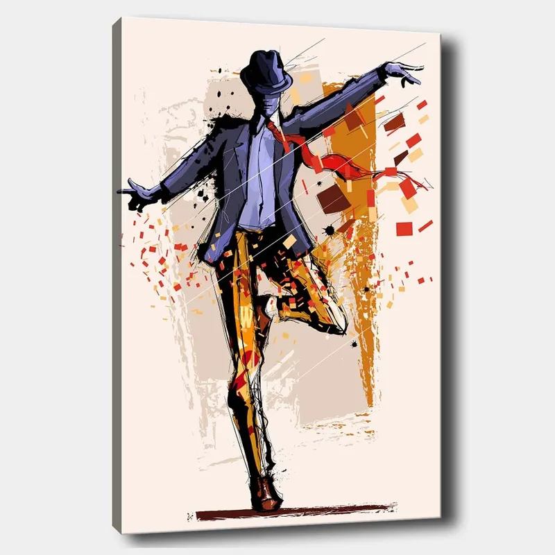 Canvastavla 70x100 cm - Stiliserad dansare i kostym med en hatt som uttrycker rörelse och energi, Mörkblå / Orange / Röd